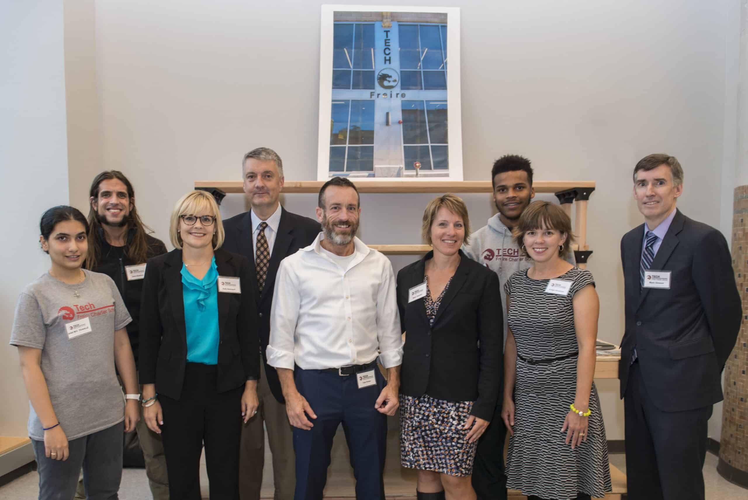 A group of TECH Freire students, leaders, and key players in the creation of TECH Freire's school building at the school's Opening Celebration